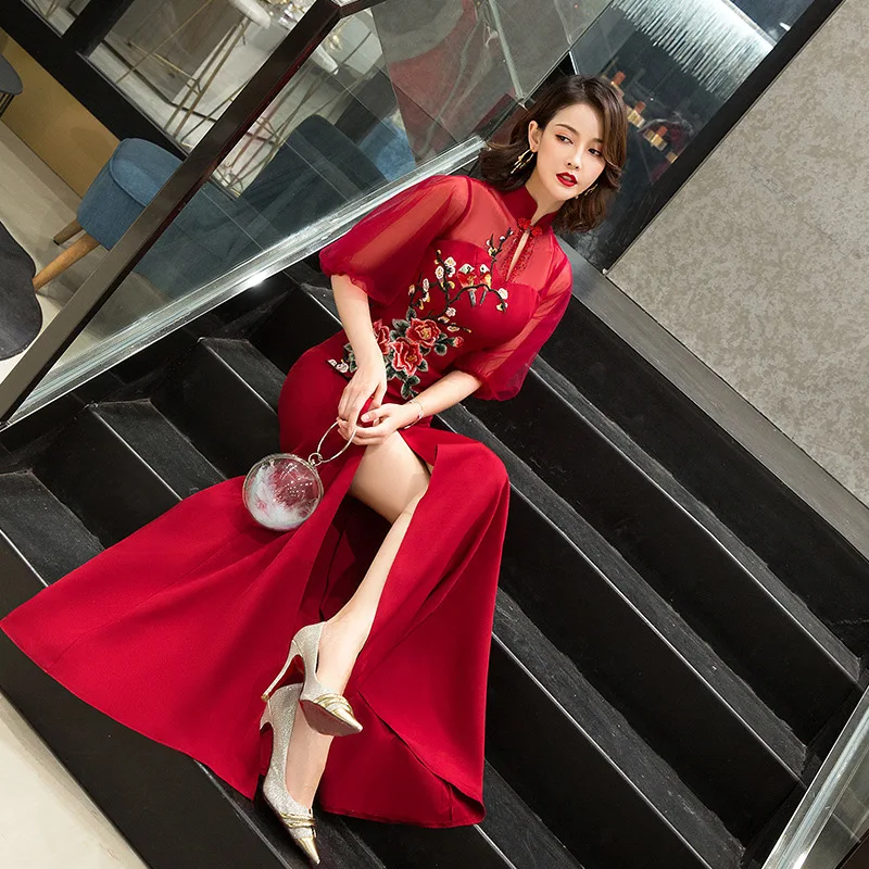 

Burgudny Long Chinese Oriental Party Wedding Female Cheongsam Bridesmaid Evening Dress Elegant Celebrity Banquet Dresses