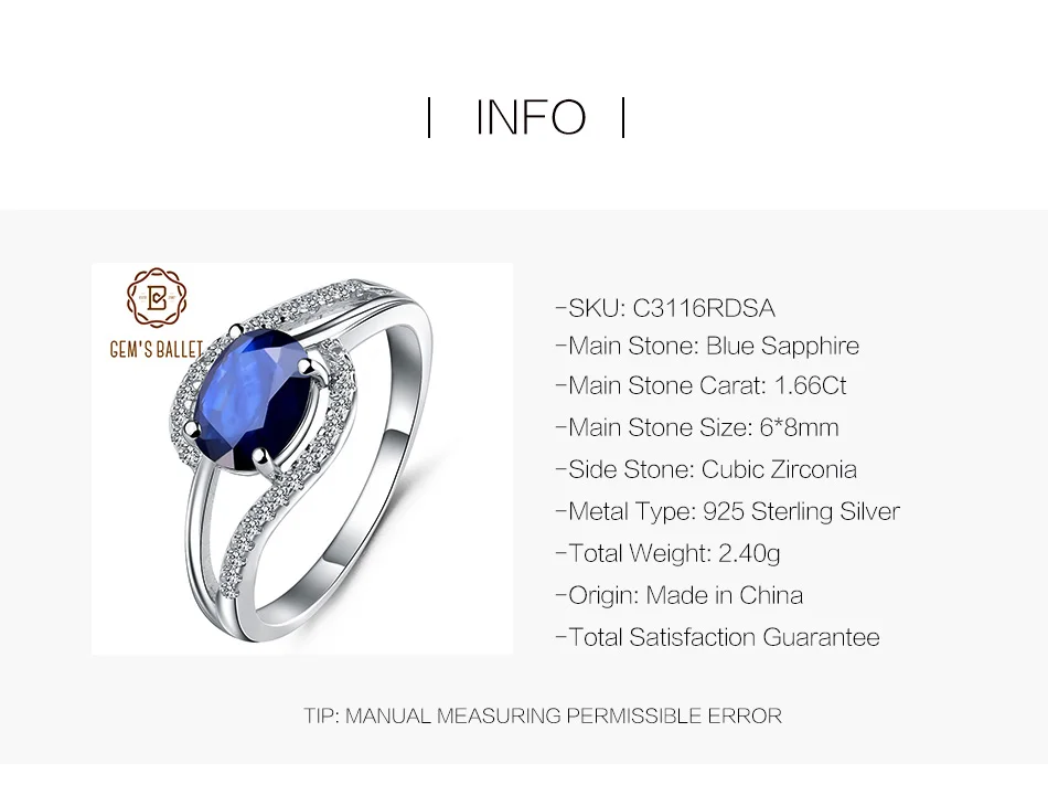 GEM'S BALLET 1.66Ct Овальный Натуральный Синий Сапфировое Кольцо из драгоценных камней 925 пробы серебряные классические кольца для женщин Свадебные ювелирные изделия