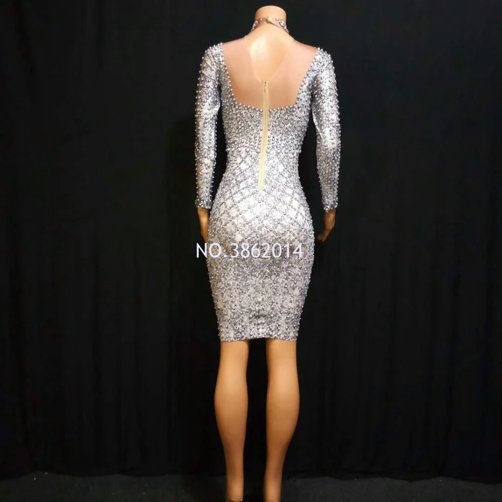 

Sparkly Pearl Rhinestones Dress Women Birthday Celebrity Prom Party Night Outfit Long Sleeve Graceful Bodycon Dresses Stage Wear