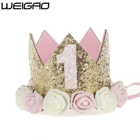WEIGAO, 1 шт., 1, 2, 3, шапка на день рождения, цветочная корона, шапка для первого дня рождения, повязка на голову для новорожденного, 1 год, украшения для дня рождения