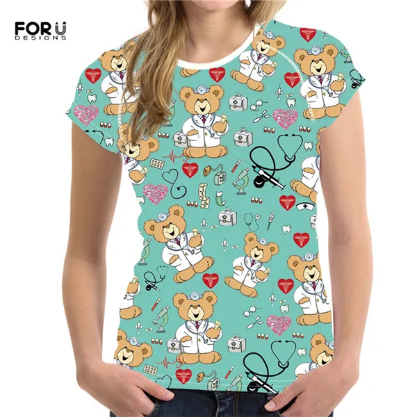 FORUDESIGNS/Милая футболка с рисунком медсестры и медведя из мультфильма, Женская Повседневная для кормления, Брендовая женская одежда, женская футболка, футболки с коротким рукавом - Цвет: HM1089BV