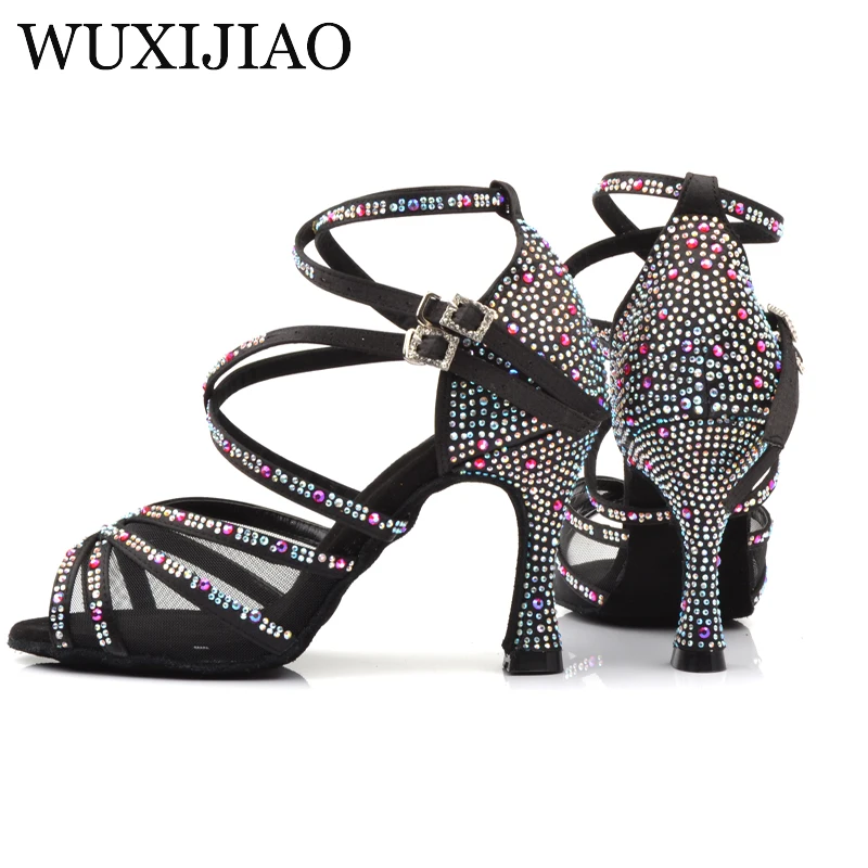 WUXIJIAO Ladies Latin dance shoes with black satin rhinestone style high heels salsa dancing heel 9cm | Спорт и развлечения