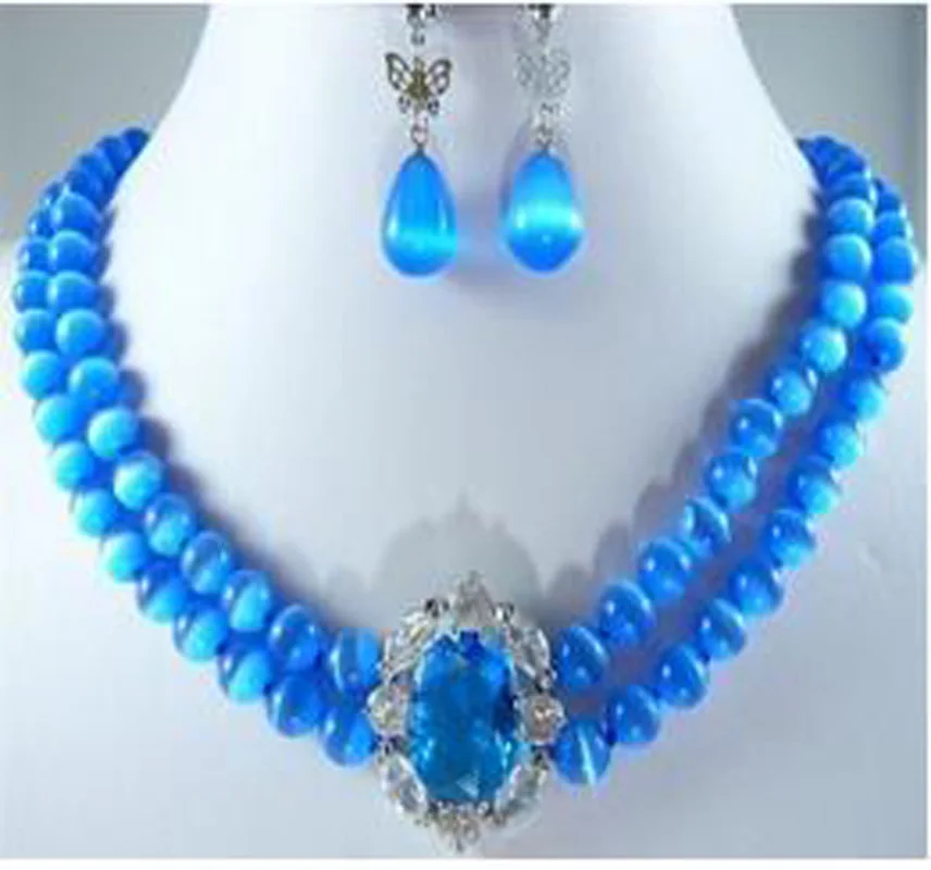 

New Women's Charming Lady'S 2 Rows 8mm Blue Necklace Pendant Earrings Set .