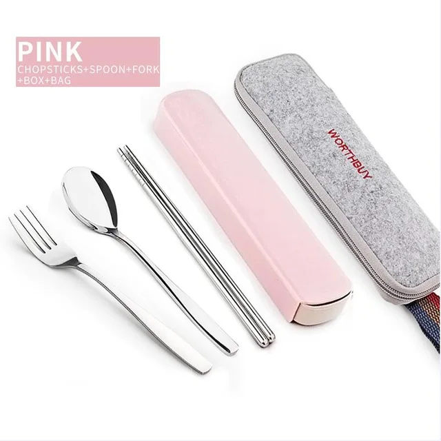 Pink 4 Set With Bag Портативный набор посуды, китайская посуда из нержавеющей стали с коробкой для малыша, набор посуды для пикника, кухонные аксессуары - Цвет: Pink 4 Set With Bag