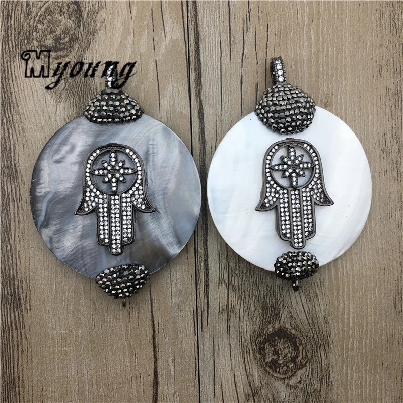 

Large Round Mother Pearl Shell Pendant With Rhinestone Paved ,Fatima Hamsa Hand CZ Zirconia Micro Paved Connector Charms, MY1730