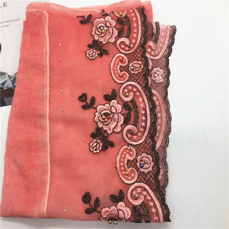 

Custom made design hijab embroidery flower hawl scarf colorful pearls scarves fashion muslim scarfs 3 designs hijabs