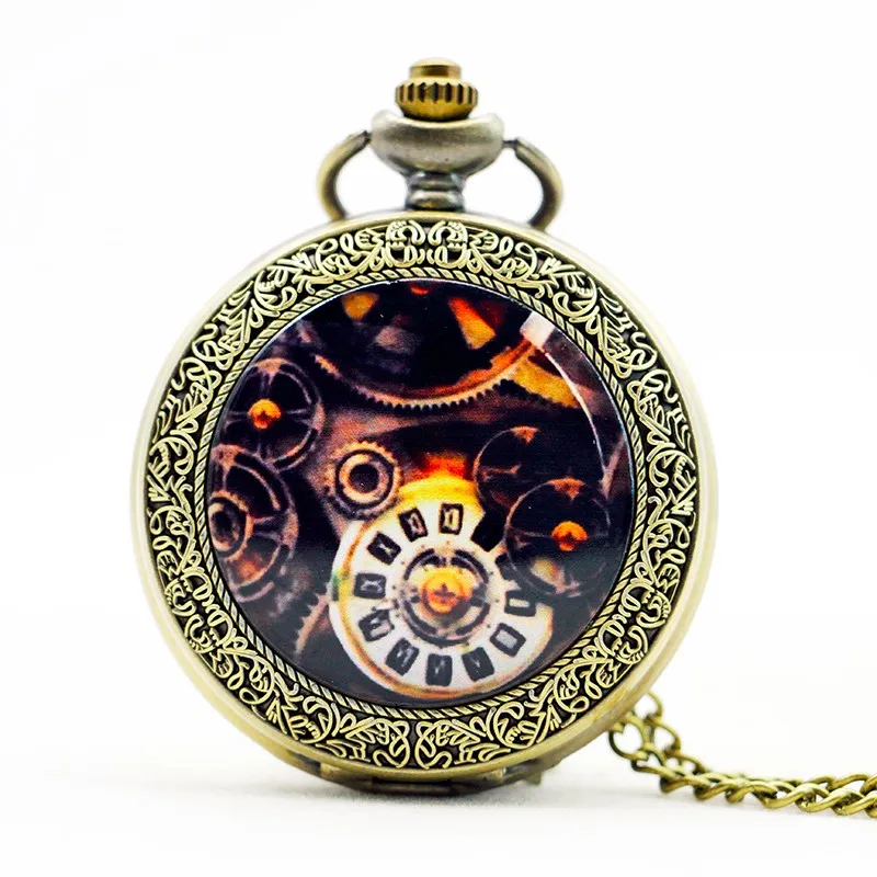 Ретро Античная Шестерни шаблон кварцевые карманные Часы с длинной цепью Средний
