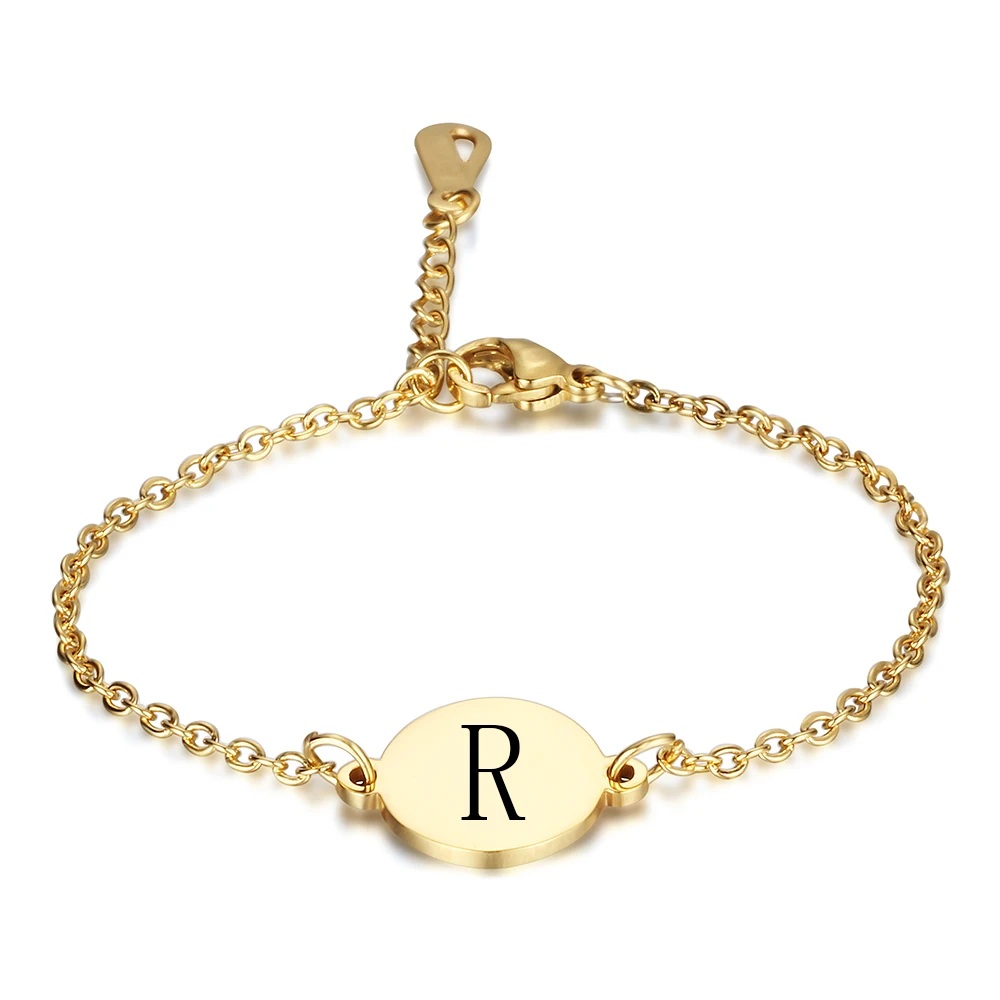 Fashion Letter Engraved Bracelets For Women Gold Color Stainless Steel Chain Link Jewelry Pulseras Mujer Length Adjustable