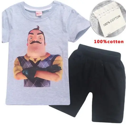 Новинка летняя детская одежда hello neighbor для мальчиков 100% хлопок футболка + штаны