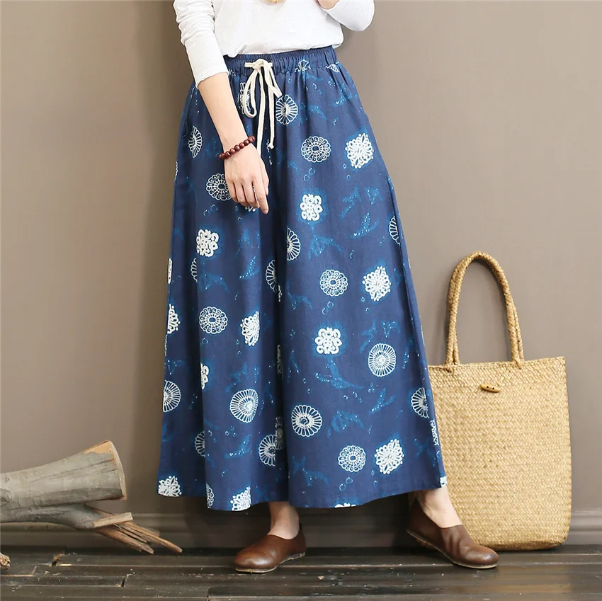 Navy blue Johnature, женские широкие штаны с цветочным принтом, хлопковые винтажные брюки, осень, новые свободные мягкие женские длинные штаны с карманами - Цвет: Navy blue