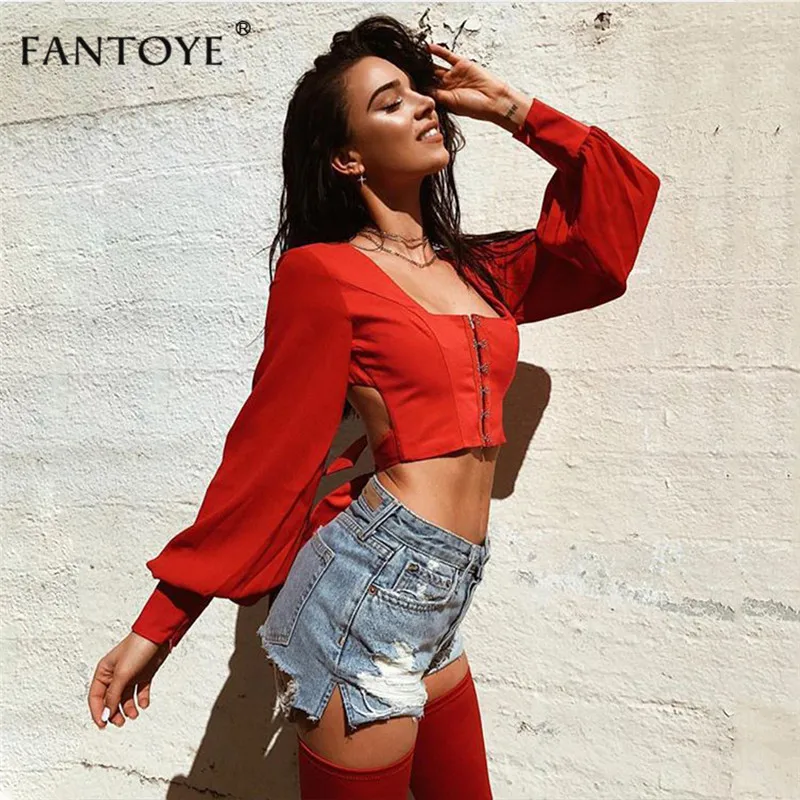 Fantoye, сексуальный шифоновый женский топ с открытой спиной и блузка, рубашки, повседневный квадратный воротник, рукав-фонарик, открытая спина, бандажный белый укороченный топ