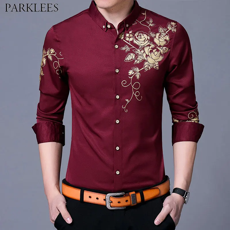 Мужская приталенная рубашка на пуговицах Бордовая с принтом в виде золотых роз и