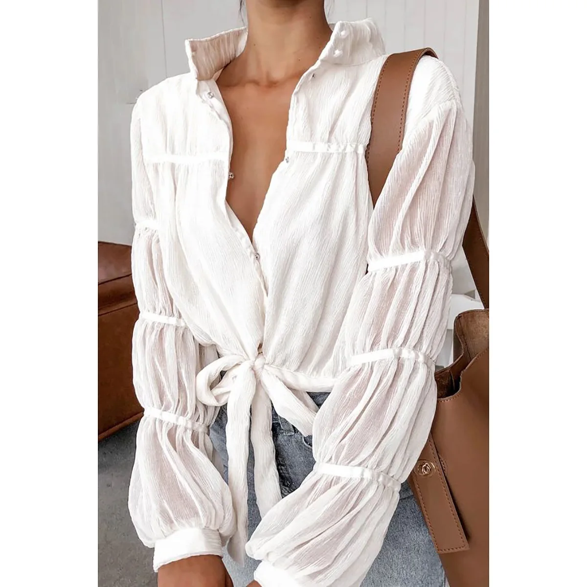 Уличная белая блуза со стоячим воротником женские рубашки шнуровкой