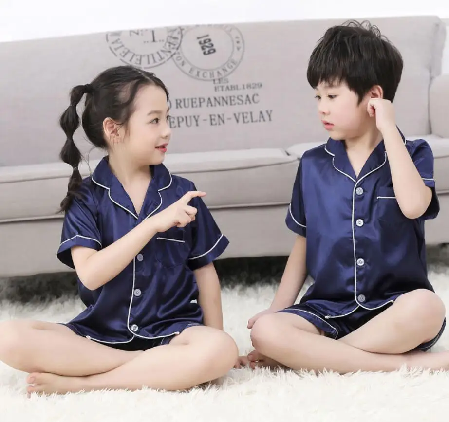 Navy Short sleeve Детский Шелковый пижамный комплект г., весенне-летний Шелковый пижамный комплект с длинными рукавами для мальчиков и девочек, детская одежда для сна, комплект одежды для сна - Цвет: Navy Short sleeve