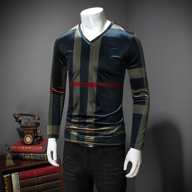 Мужская приталенная бархатная футболка в полоску с V образным вырезом|shirt men