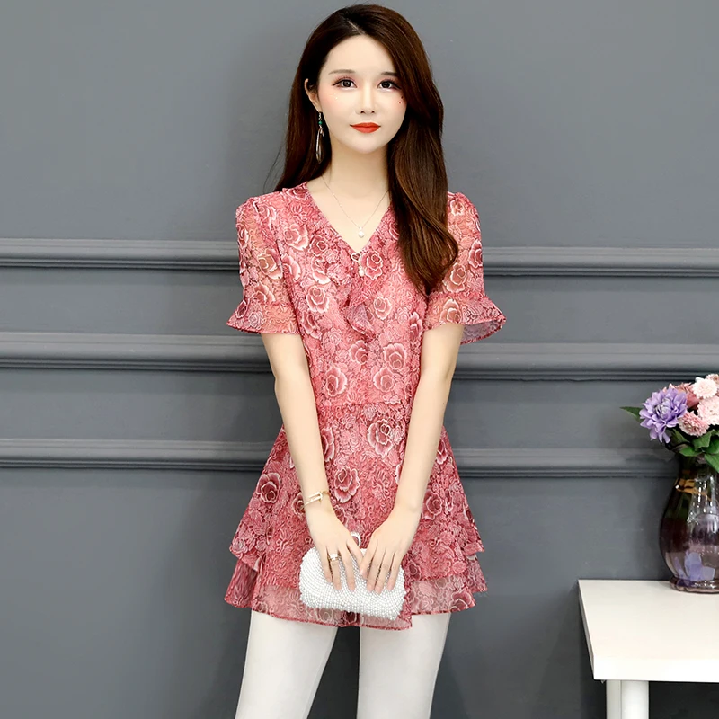 Chiffon Blouse Shirts Women Summer Flare Sleeve Cute Sweet Office Lady Work Floral Printed Tunic Peplum Top J36 | Женская одежда