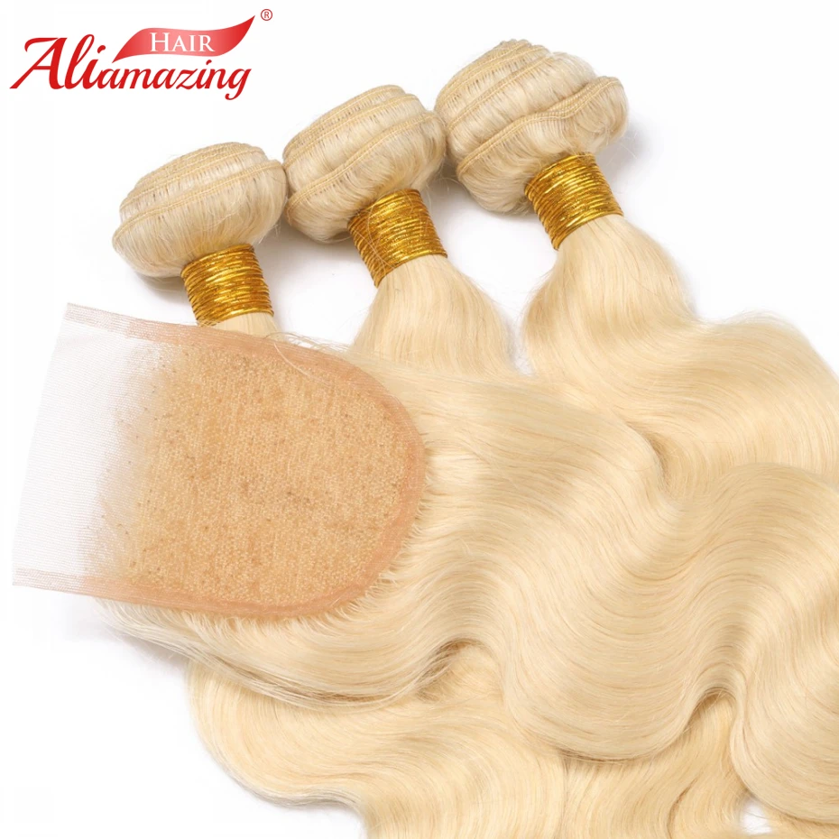 Ali Amazing Hair 613 Blonde Brazilian Body Wave Human Bundles with Closure 3 4x4 Lace Natural Color | Шиньоны и парики