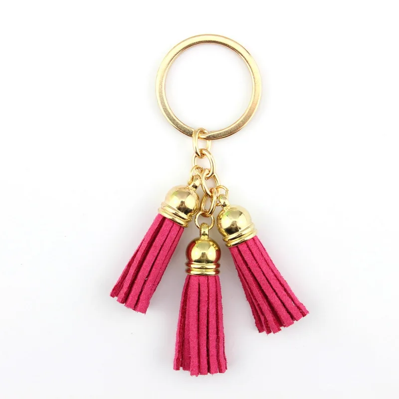Gold Hot Pink Новинка, модный Женский Повседневный тройной кожаный брелок с кисточками, женская сумка, подвеска, сплав, автомобильный брелок, кольцо, держатель, Трендовое ювелирное изделие - Цвет: Gold Hot Pink