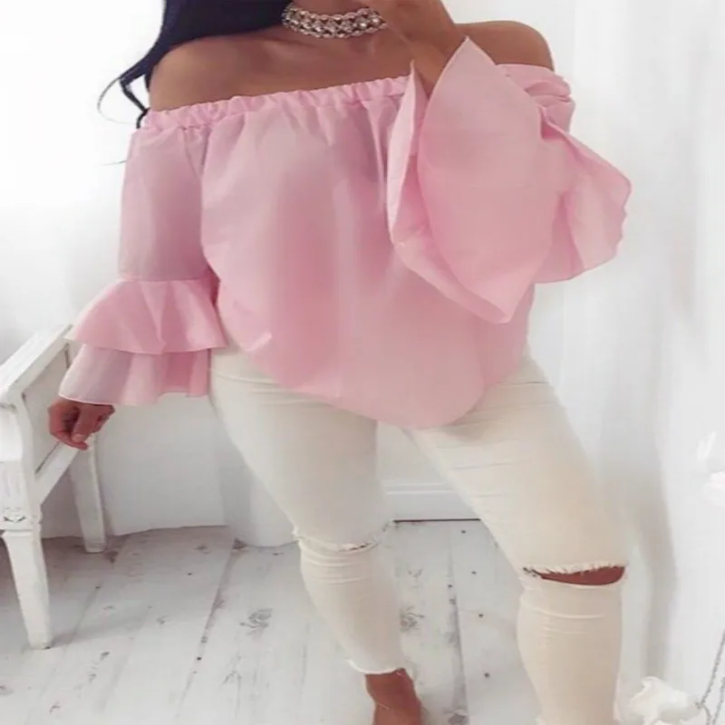 Fashion Summer 2019 Women Ladies Off Shoulder Tops Long Flare Sleeve Shirt Clothes Casual Blouse Loose Shirts | Женская одежда