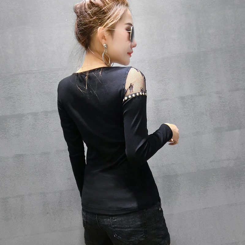 Заклепки рубашки вышитые бисером 2019 весенне-осенняя женская футболка со