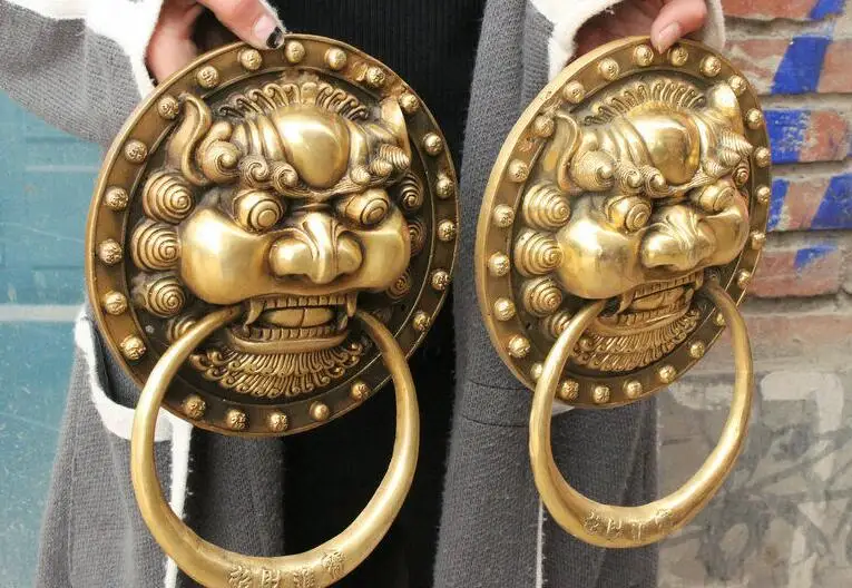 21cm China Brass Dragon Fu Foo Dog Guardion Lion Head Mask Door Knocker Statue Pair | Statues &amp Sculptures