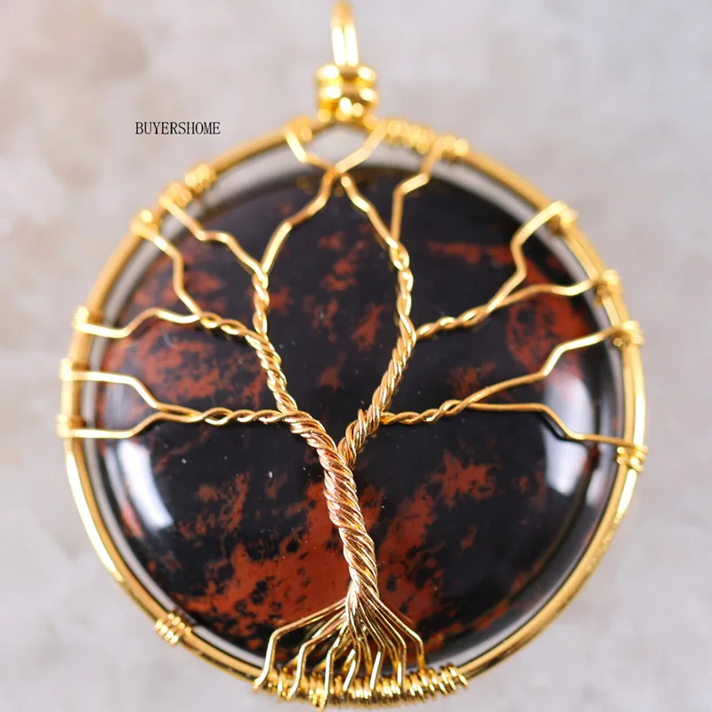Red Jasper "Древо жизни" проволочный обруч медь натуральный круглый Абалон раковина Опал Кристалл зеленый авантюрин оникс Родонит тигровый глаз кулон 1 шт - Окраска металла: Red Jasper