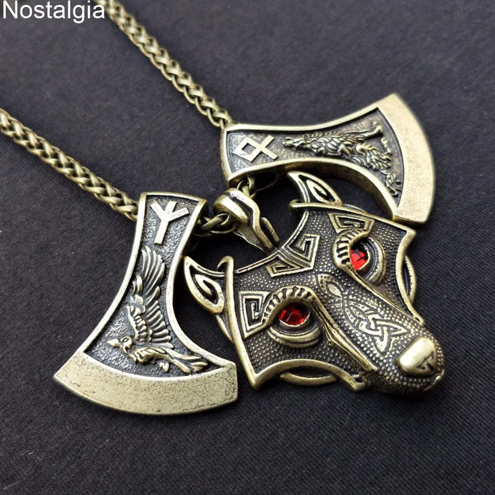 Ностальгия Goth Wolf и Raven гравировка на Славянском топор Perun Runes отала ALGIZ колье с