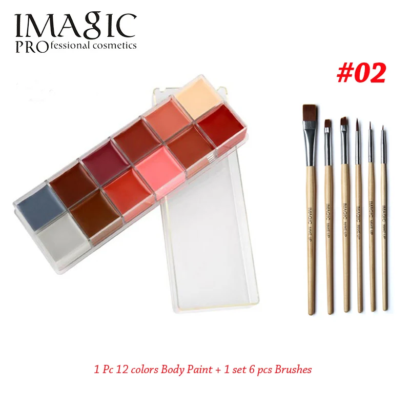 IMAGIC, 12 ярких цветов, чехол, тату, краска для лица, тела, Хэллоуин, вечеринка, нарядное платье, масляная краска, искусство, красота, макияж, инструменты, мир E - Цвет: 2 paint with brushes