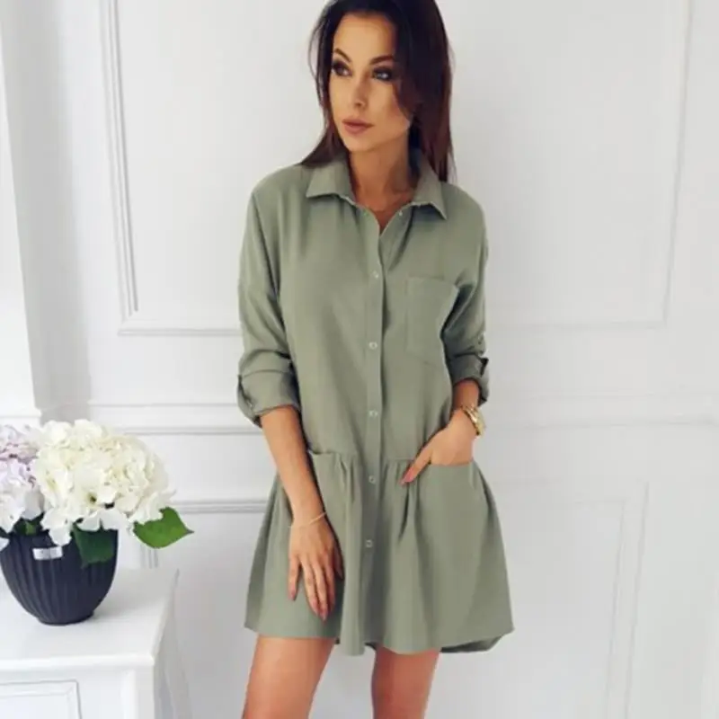 Женское Короткое платье футболка с оборками Офисная туника длинными рукавами и