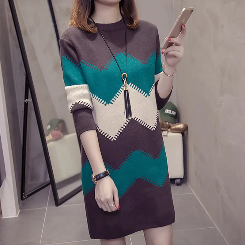 Женское платье свитер Зима 2020 Повседневный пуловер с круглым вырезом в стиле