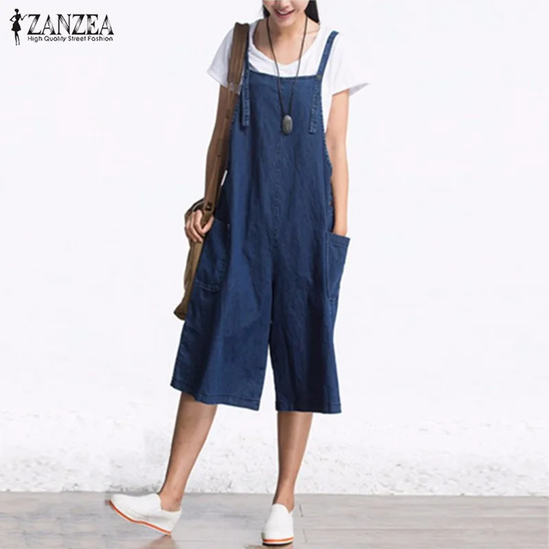 

Комбинезон ZANZEA женский джинсовый без рукавов, голубой джинсовый комбинезон в стиле ретро, с регулируемыми бретельками, с карманами, на пуго...