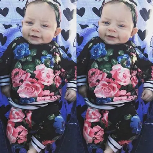 Осенняя футболка с длинными рукавами и цветочным рисунком круглым вырезом штаны