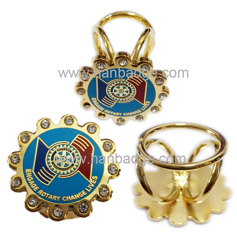 

Customized Rotary International Lapel Pins Scarf Ring Back Custom Hard Enamel Badges With Rhinestones
