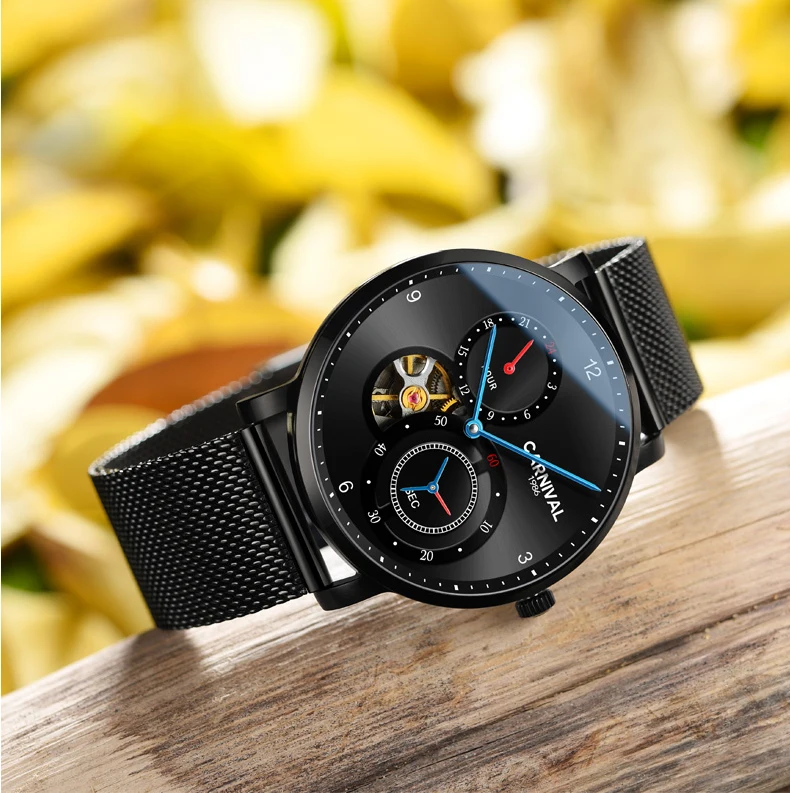 Модные Tourbillon механические часы карнавал ультра тонкие автоматические часы для мужчин сапфир 24 часа кожаный ремешок водонепроницаемые часы