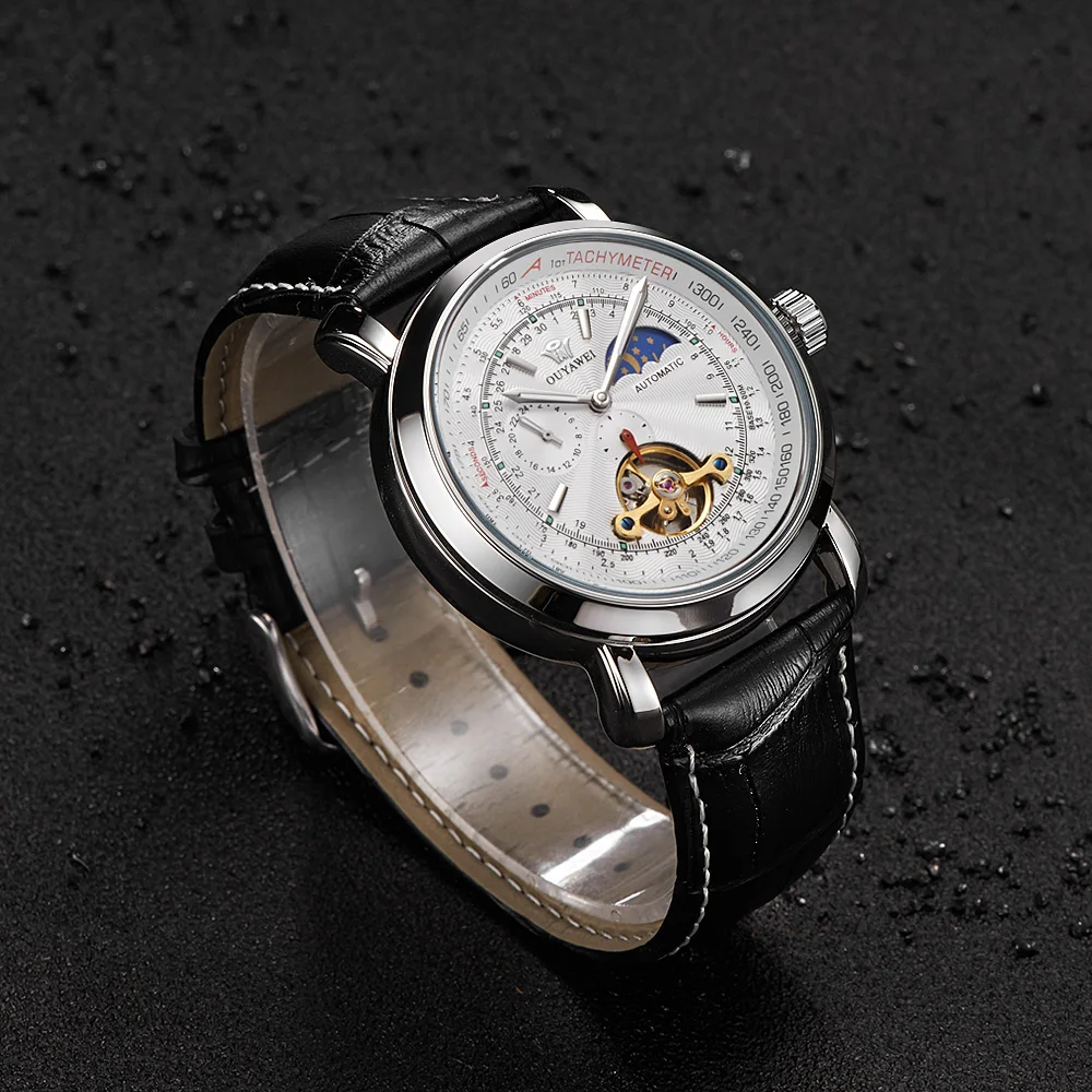 Мужские механические наручные часы OUYAWEI серебристый чехол с полностью стальным