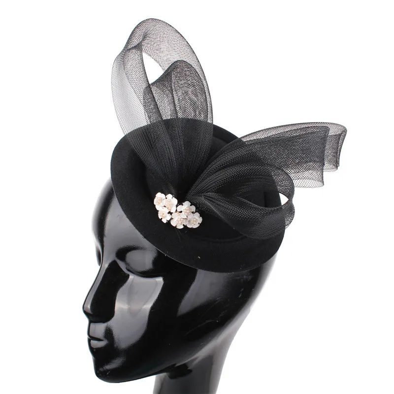 Black Новые Красивые серые шляпы fdora с петлями для девушек, элегантные женские свадебные вуалетки, фетровые шерстяные заколки для волос, свадебный головной убор XMF44 - Color: Black