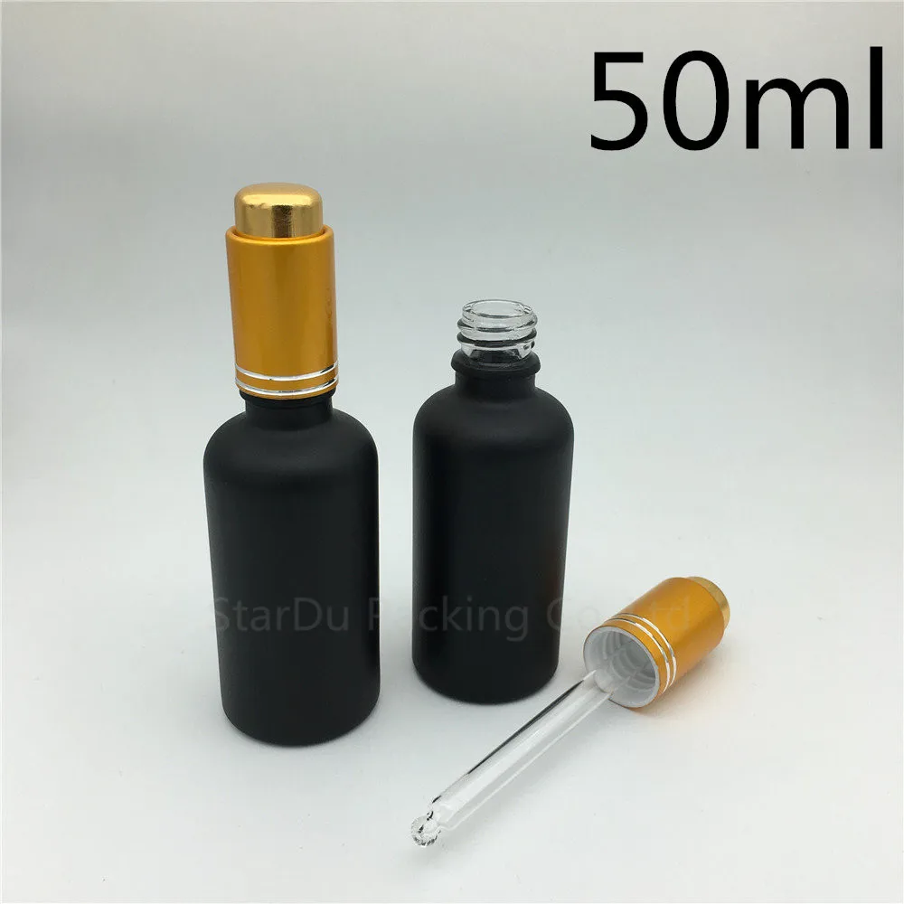 

10pcs 50ml black frosted glass essential oil bottle with gold aluminum ring dropper, 50cc glass perfume bottle