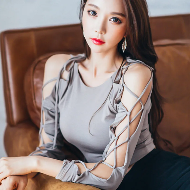 2017 соблазнительный укороченный Топ с длинным рукавом на шнуровке круглым