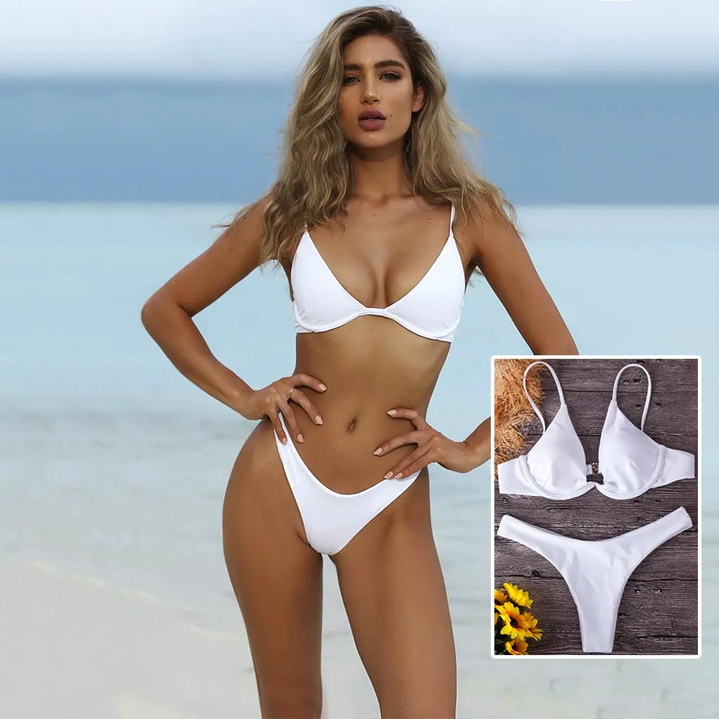 Сексуальный купальник бикини женский на косточках купальный костюм однотонный