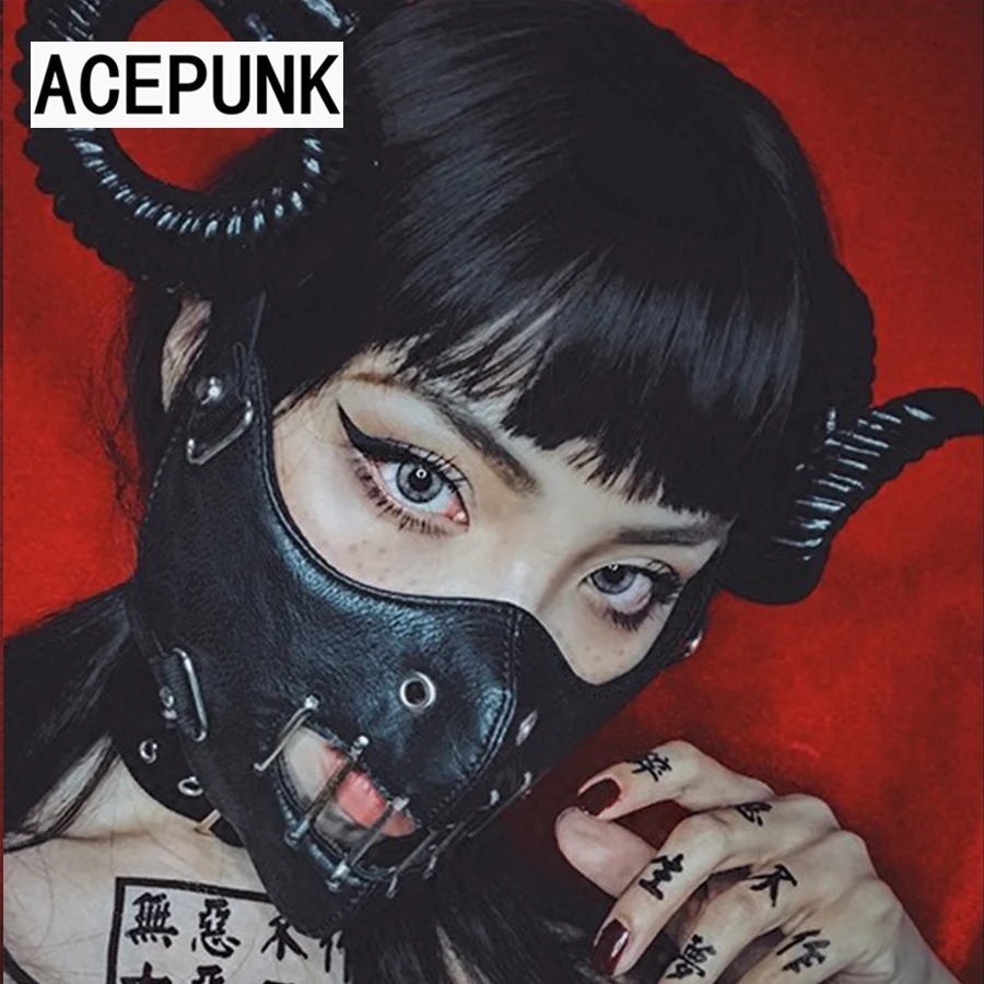 Черный кожаный панк полый полумаска с рогом стимпанк мотоцикл косплей маска