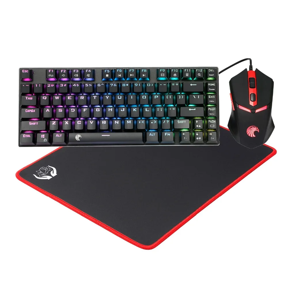 

HUO JI Mechanical Keyboard Mouse Mousepad Combo 3 in 1 Blue Switch TKL Keyboard 3200 DPI Mice Gaming Set