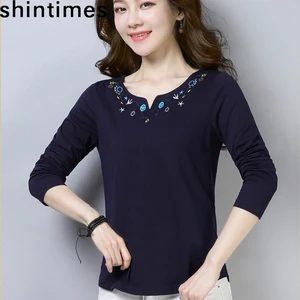 Футболка женская хлопковая с длинным рукавом и V-образным вырезом