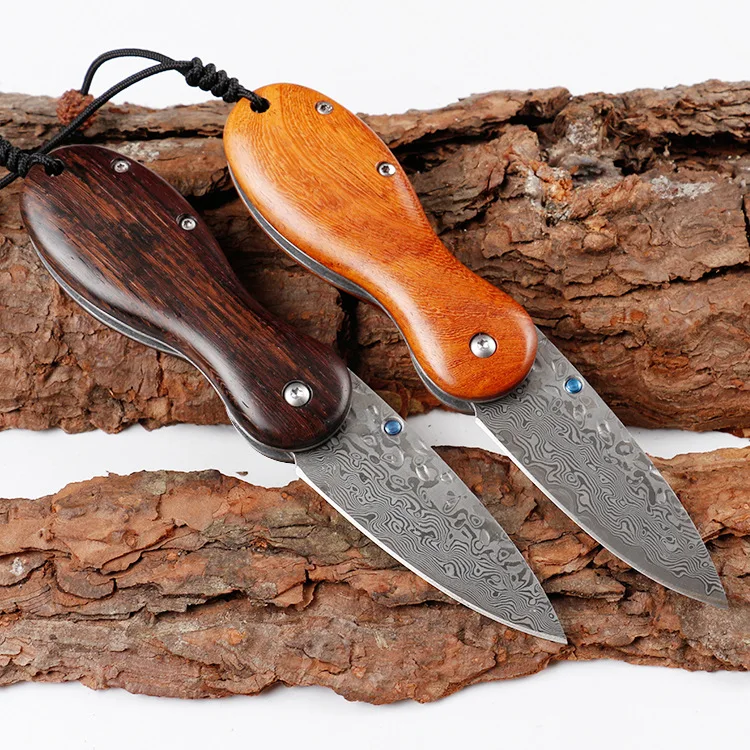 Дамасский нож из сандалового дерева маленький карманный складной мини для