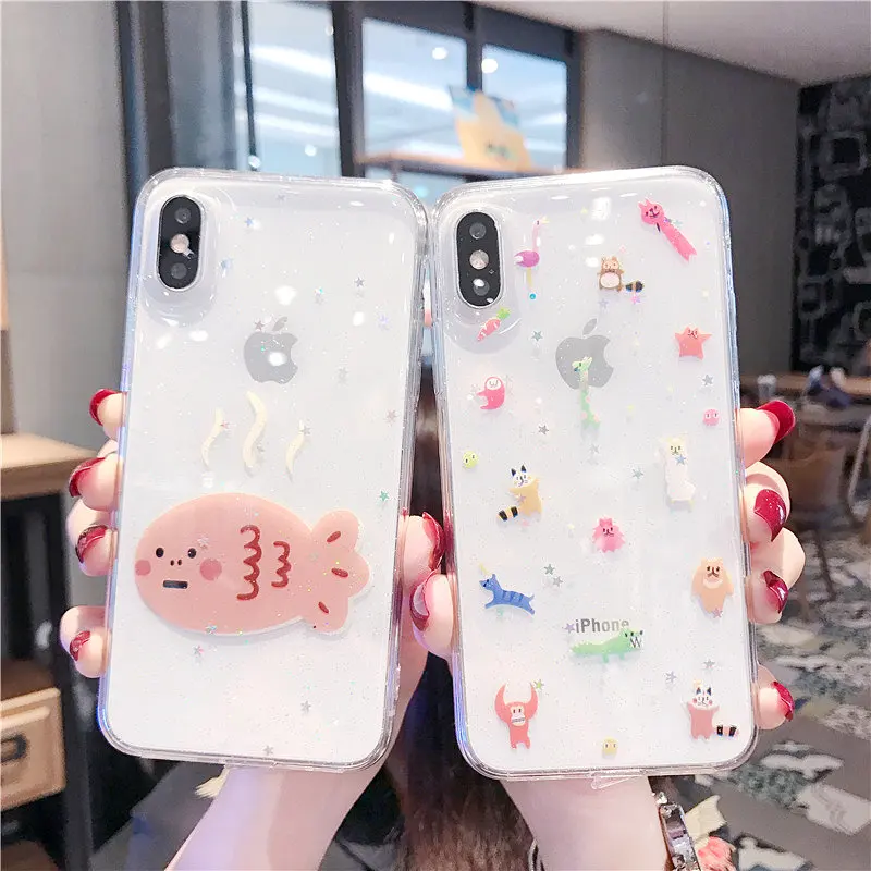 ORYKSZ For iPhone X XR XS Max Case Cartoon Fish Glitter Transparent Soft Phone iphone 8 7 6 6S Plus Silicone Back Cover |
