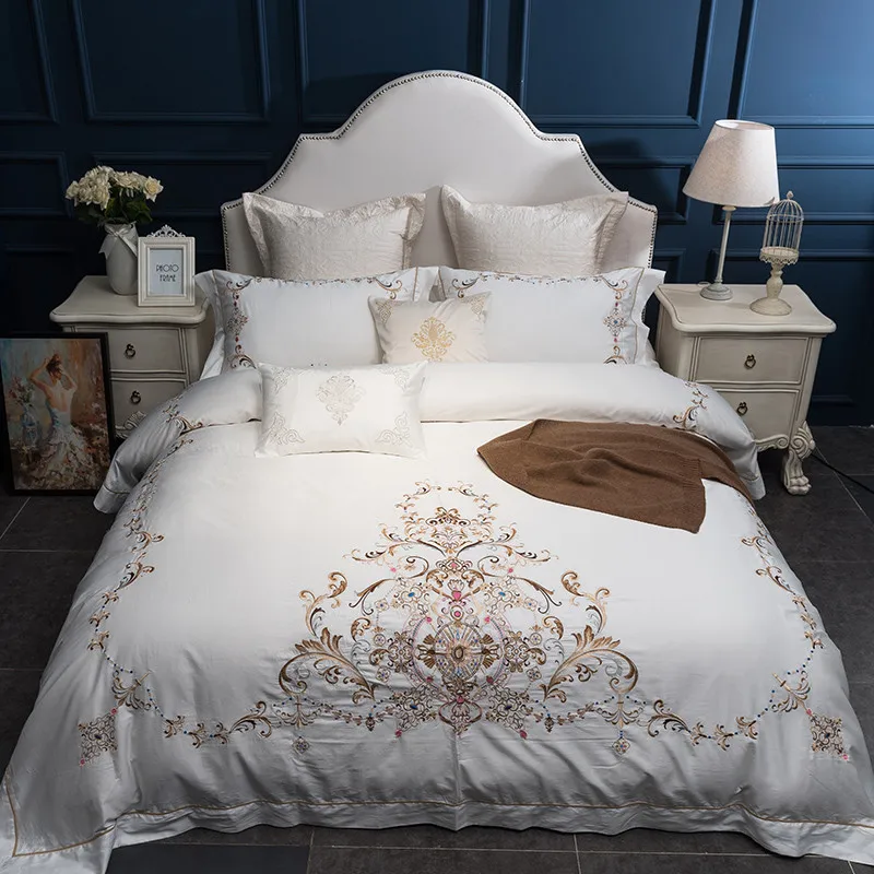 

Embroidery Luxury Bedding set King Queen size 4/7Pcs White Wedding Bed set Duvet cover Bedsheet decorative pillowcase 37