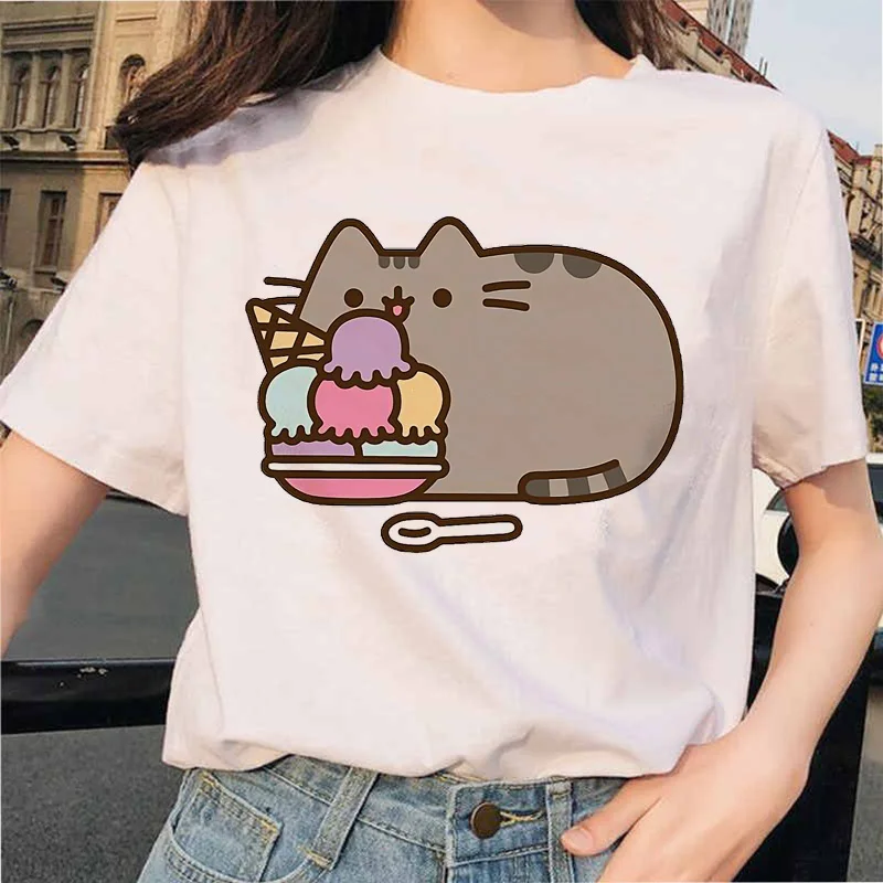 Фото Футболка женская Pusheen с рисунком кота, топ в стиле Харадзюку, милая одежда Ullzang, смешная футболка в Корейском стиле 90-х №1