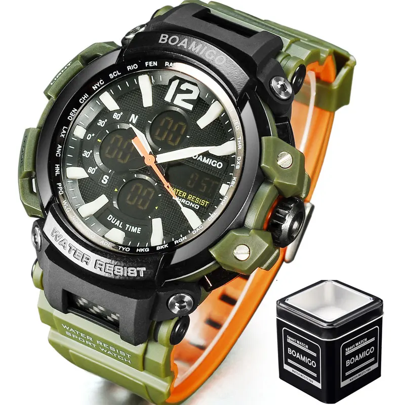 green orange box Бренд BOAMIGO, мужские спортивные цифровые аналоговые часы, мужские светодиодный часы с двойным временем, водонепроницаемые ударные наручные часы, мужские часы - Цвет: green orange box