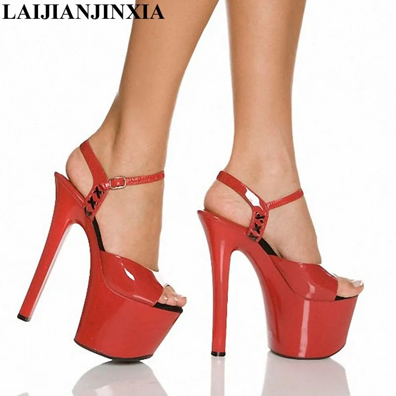 LAIJIANJINXIA Buckle Red 17cm High-Heeled Sandals Nightclub Dance Shoes Pole Dancing Shoes Model High Heels Women's Shoes G-005