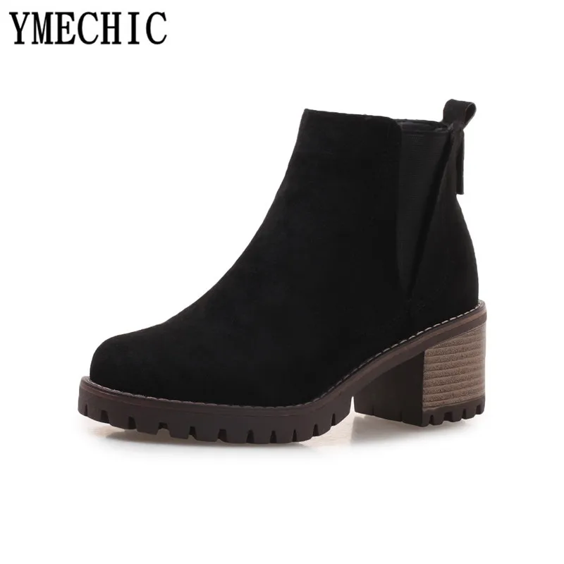 Женские ботильоны на квадратном каблуке YMECHIC серые черные короткие ботинки челси