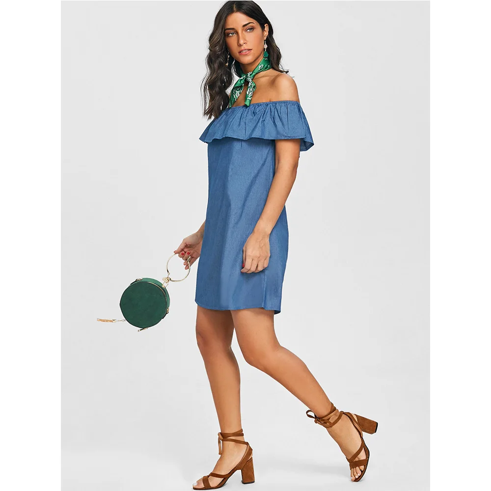 Женское джинсовое платье VESTLINDA летнее короткое Повседневное с оборками и